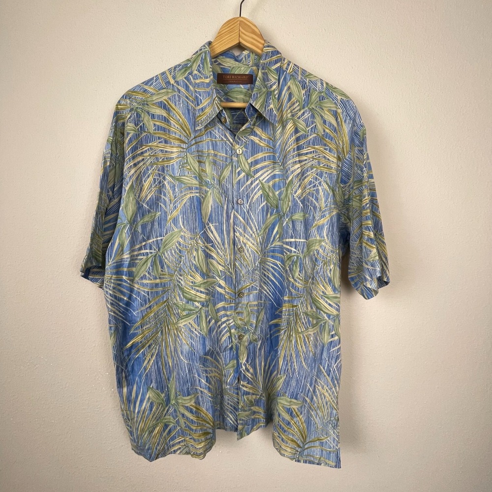 Tori Richard Honolulu Camp Shirt XL – Blue Green Palms 100% Cotton Lawn